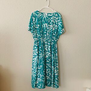 Vintage Handmade Monstera Leaf Print Green White Fit Flare 50s Swing Dress L/XL